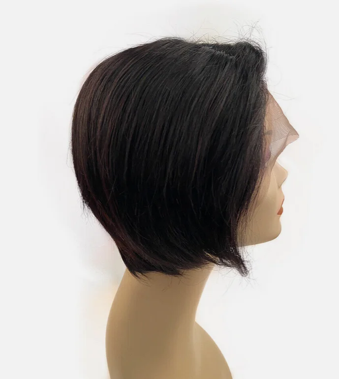 Wig hitam lurus pendek renda depan T bagian 100% Wig rambut manusia pakaian pesta sehari-hari