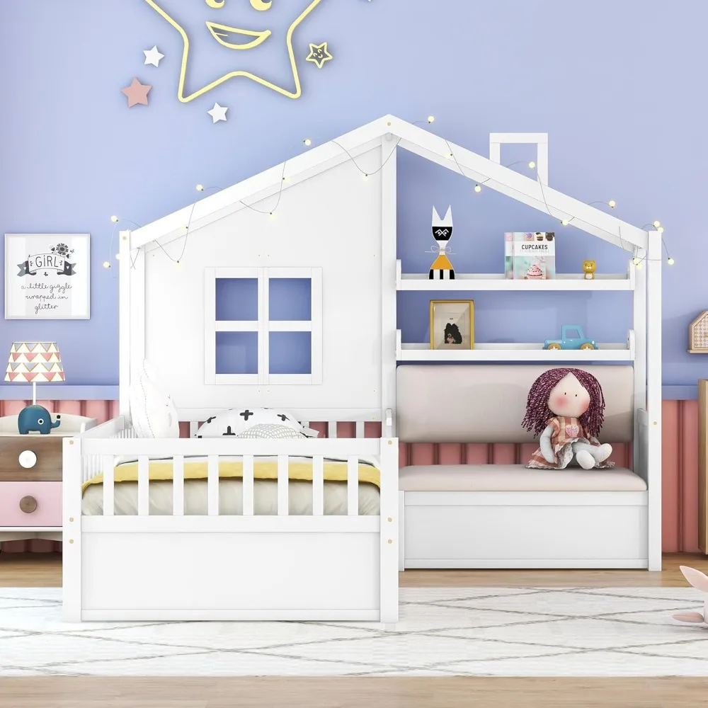 Kids 'Twin House Bed Frame com sofá estofado e 2 gavetas, madeira Montessori cama com armazenamento prateleiras e trilhos de alta, L Shaped