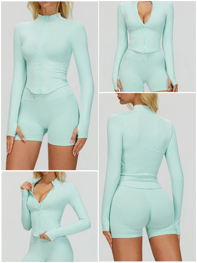 VITALINOVO Damen Cropped Running Workout Jacken mit Reißverschluss, schmal geschnittene Sportjacken mit Daumenlöchern, nahtlose, dehnbare Trainingsjacken – Detail 18