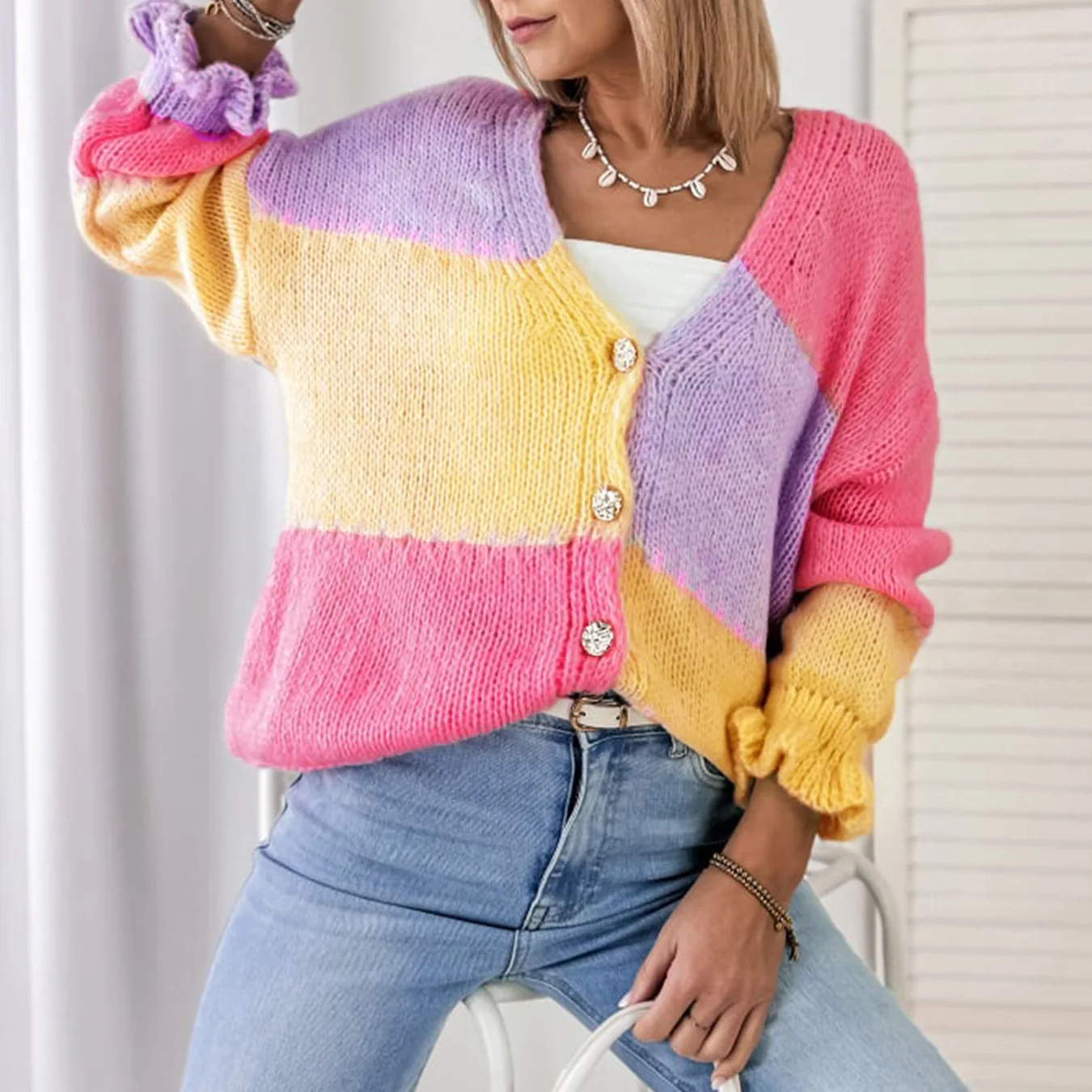 Cross-border foreign trade 2025 autumn and winter women's sweater splicing casual loose fungus edge long sleeve knitted cardigan