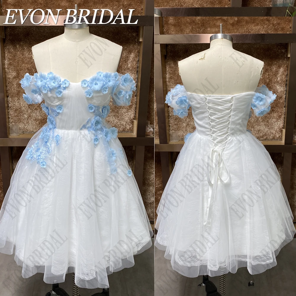 EVON BRIDAL Foto Reale 3D Fiori Prom Dress Sweetheart Off Shoulder Abiti da sera Tulle Mini A Line Vestido de baile Senza spalline Romantici Abiti del partito di laurea per le donne Corsetto Backless Custom Made 2024