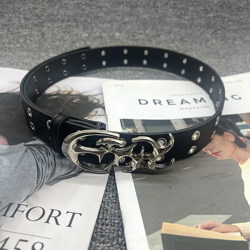 

fashion Gothic Vintage Geometric Silver Metal Buckle Y2k Belt Leather Diesel Women's Belt Luxury Designer Jeans Dress Accessorie