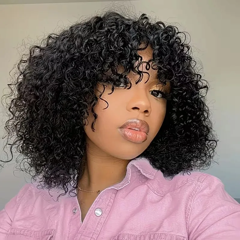 

3x1 Short Curly Bob Human Hair Wig With Bangs Deep Curly No Lace 250Density Brazilian Virgin Fringe Machine Made Wigs Easy To Go
