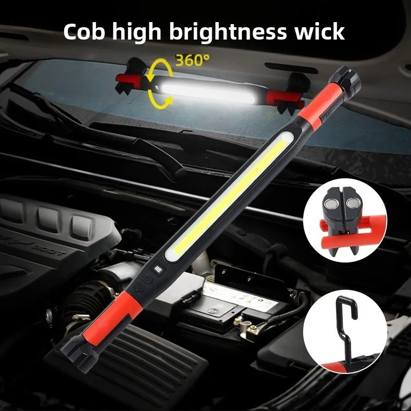 LED COB Flashlight Work Light: Magnetic, Dual Hooks, Foldable Rotatable, Rechargeable, Long-Runtime Outdoor Emergency Light