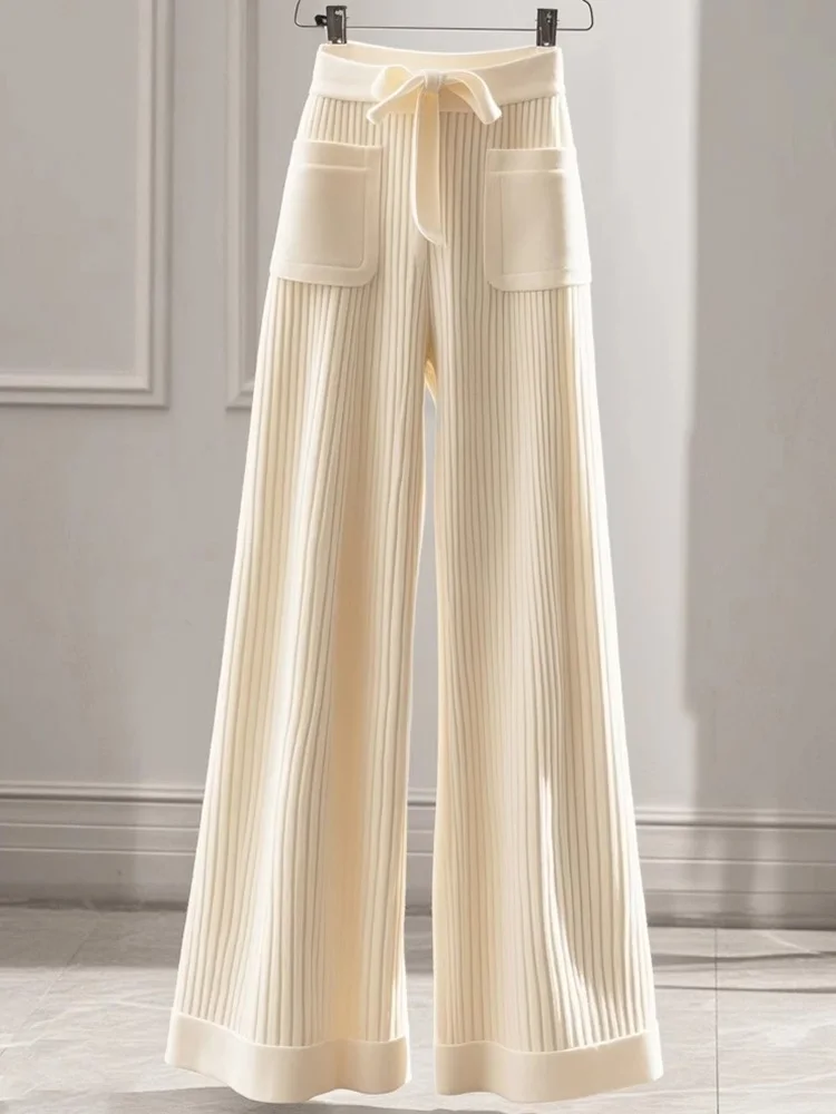 Pantaloni eleganti in maglia dolce da donna tasche larghe alla moda pantaloni a vita alta casual da donna autunno inverno pantaloni chic a gamba larga con lacci