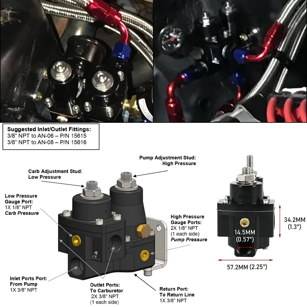 13220  EFI to Carb Retrofit Fuel Pressure Dual Stage Adjustable Fuel Pressure Regulator Kit 1/8