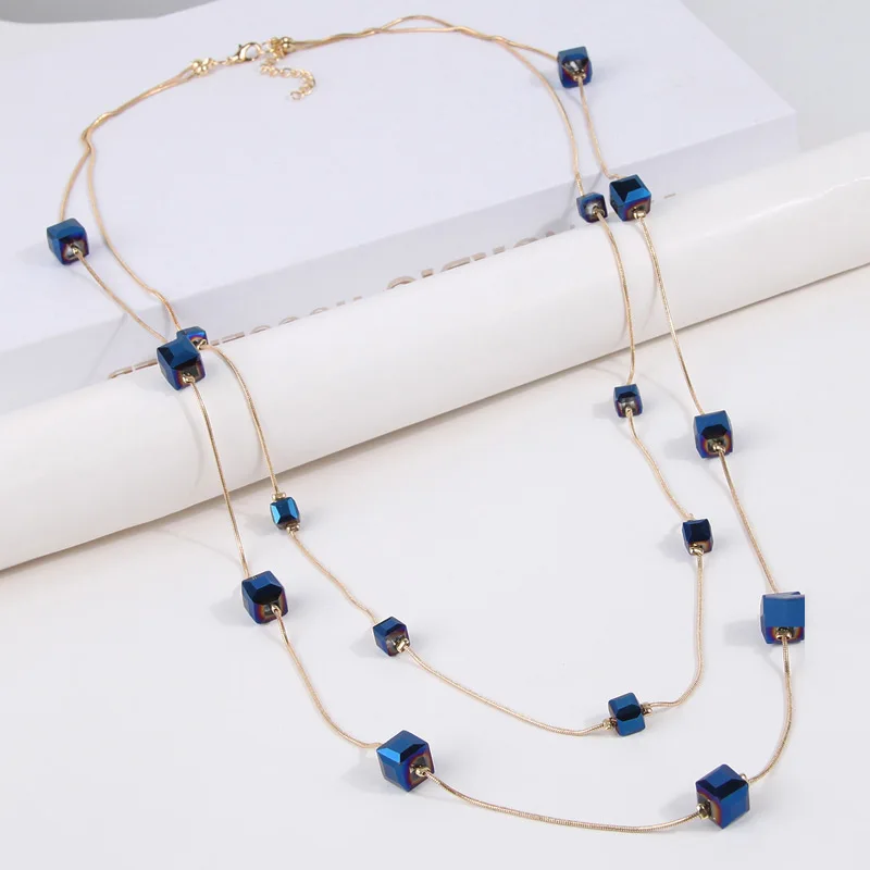 Kymyad Gold Color Chain Long Necklaces Glasses Beads Double Layer Sweater Chains Necklace Square Beaded Pendant Necklaces Women