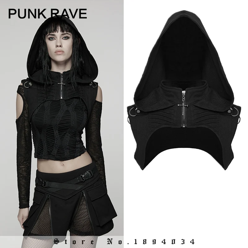 

PUNK RAVE Women's Punk Unique Silhouette Hooded Stand Collar Short Vest Front Pleats Styling Cool Handsome Dark Tank Tops