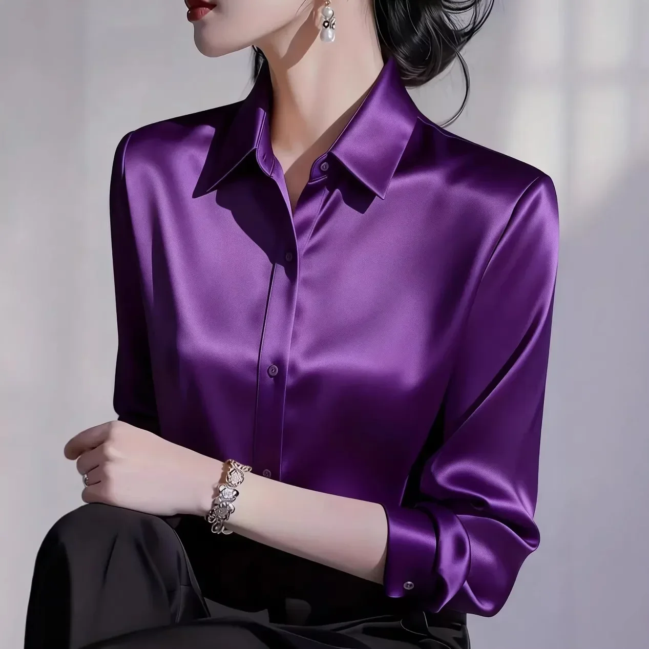 Women Elegant Smooth Silk Like Long Sleeve Turn Down Collar Button Shirt Office Lady Solid Formal Blouse