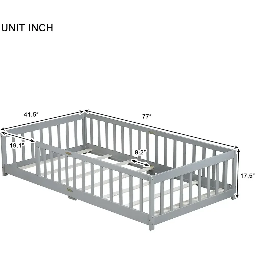 Twin Size Wooden Floor Bed with Side Rails and Slat Support, Playhouse Design for Kids, No Box Spring Needed, Gray