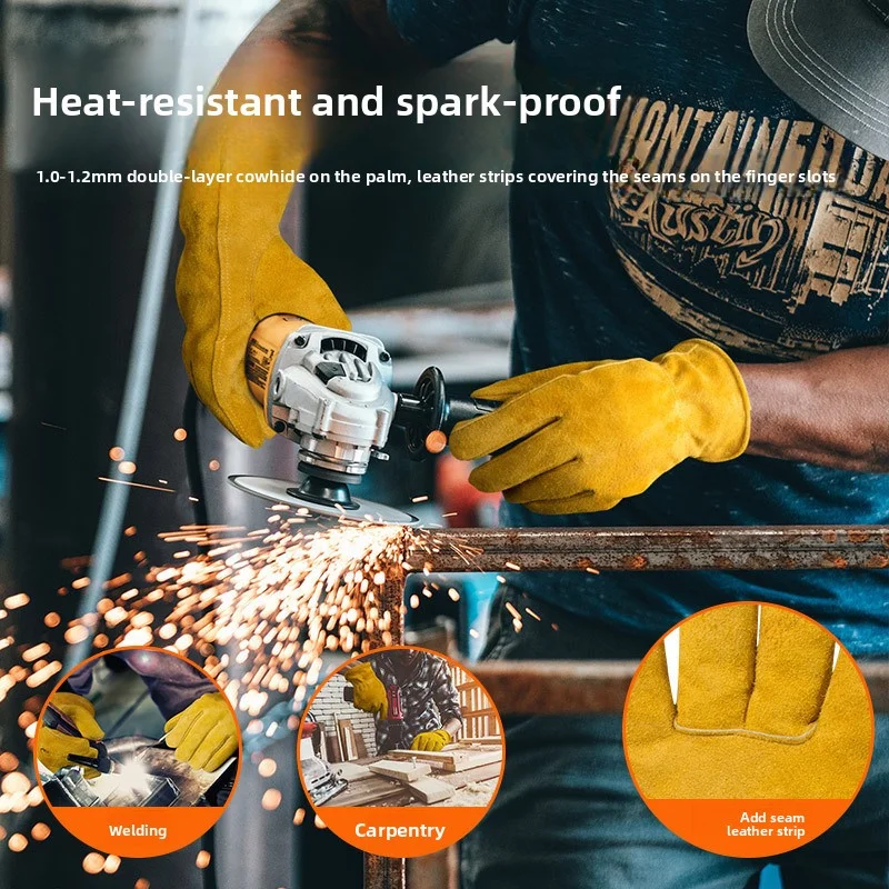 قفازات جلد البقر قصيرة الطراز مقاومة للحرارة حتى 350 ° C التخييم في الهواء الطلق الشواء قفازات حماية درجة الحرارة العالية قفازات لحام #3