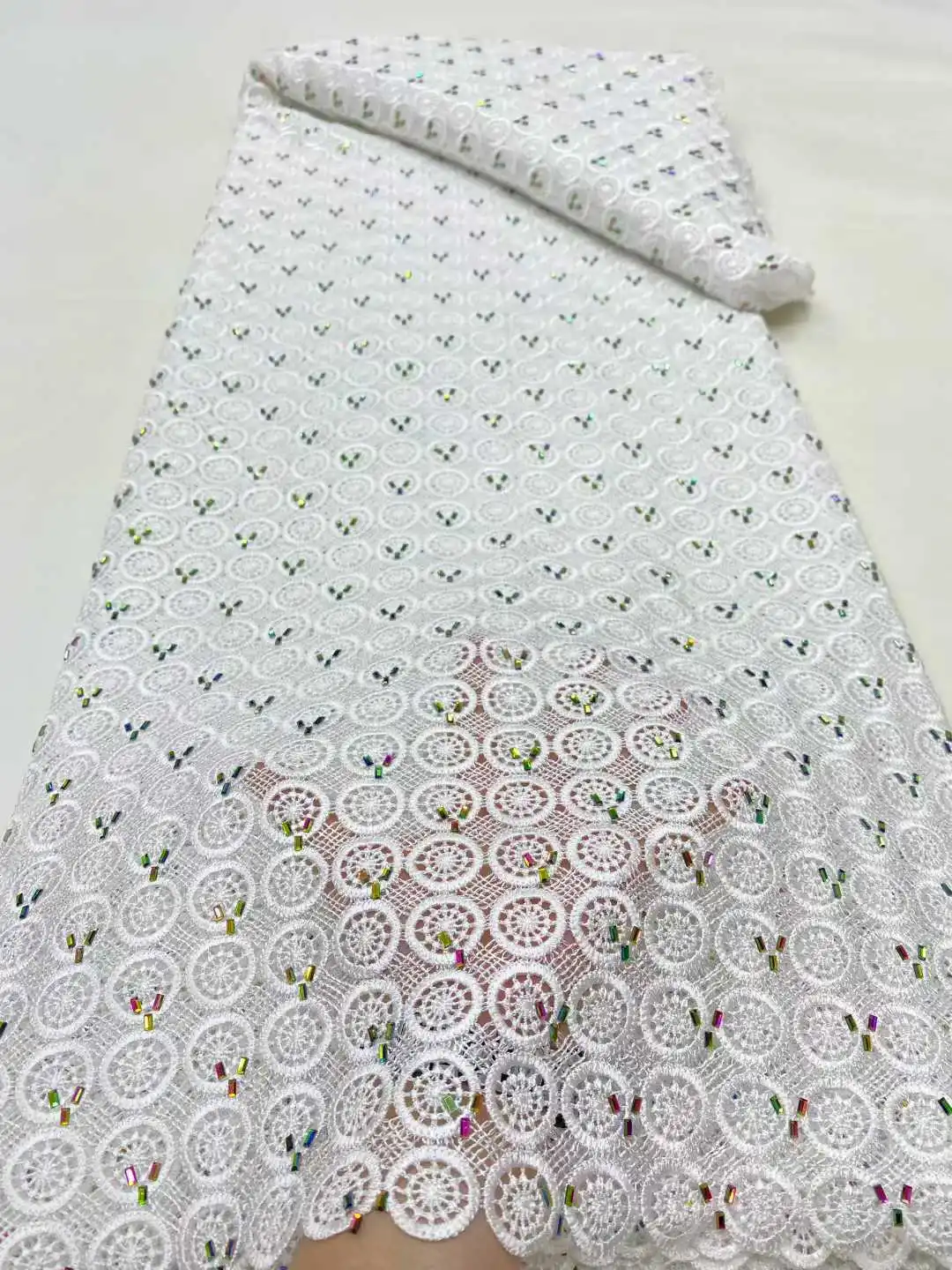 

White Guipure Water Fabric African Lace High Quality Nigerian Soluble Lace Fabric Beads For Women Wedding Dresses,5yards