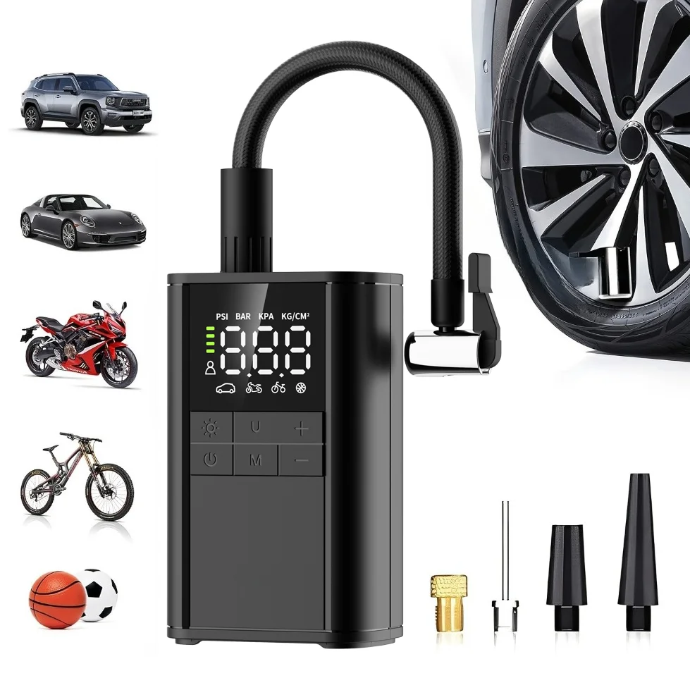 

Беспроводной насос для накачивания шин 150PSI — 3 быстрых накачивания, зарядка через USB-C, беспроводной светодиодный светильник с цифровым дисплеем для автомобилей/мотоциклов/велосипедов