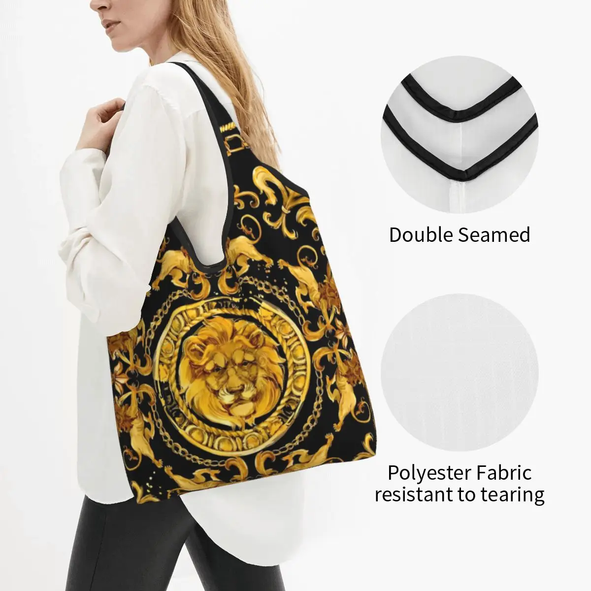 Golden Lion Luxury Design Shopping Bag Foldable Grocery Tote Bags Large Capacity Recycling Bags Washable Handbag