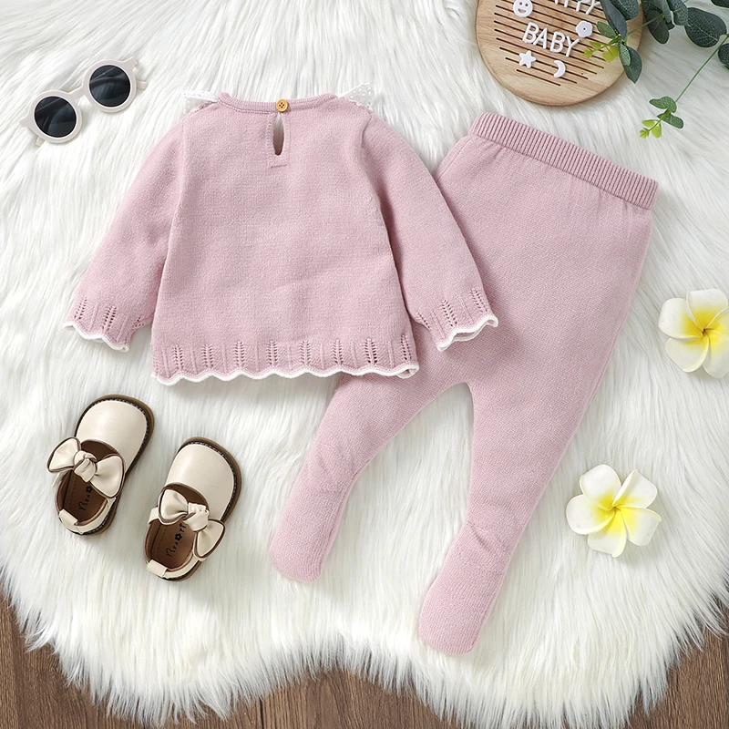 Newborn Baby Girl Clothes Sets Knitted Toddler Kid Sweater +Pants 2PC Fashion Ruffles Solid Infant Pullover +Trousers 0-9M Warm