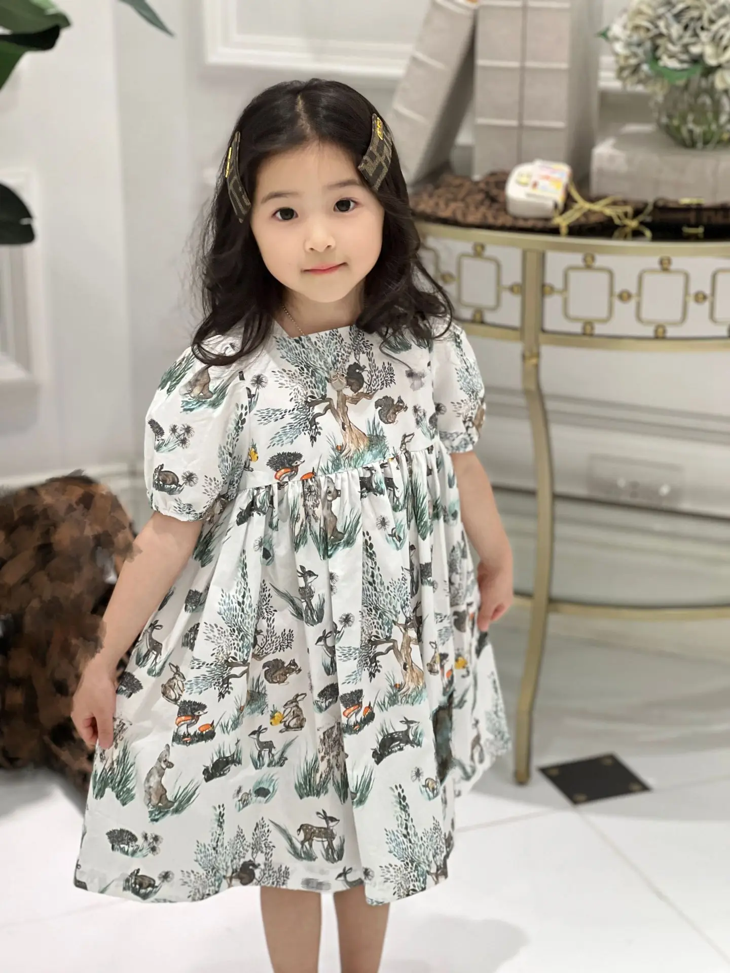 kids dress 2025 new spring girls cute cartton print short sleeve princess dresses