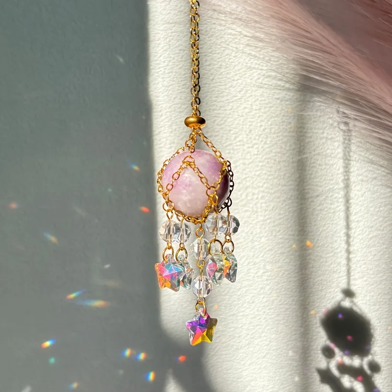 1pc Natural Stone Crystal Woven Suncatcher Gripper Hanging Window Garden Home Car Suspension Decoration Gift Modern Simple