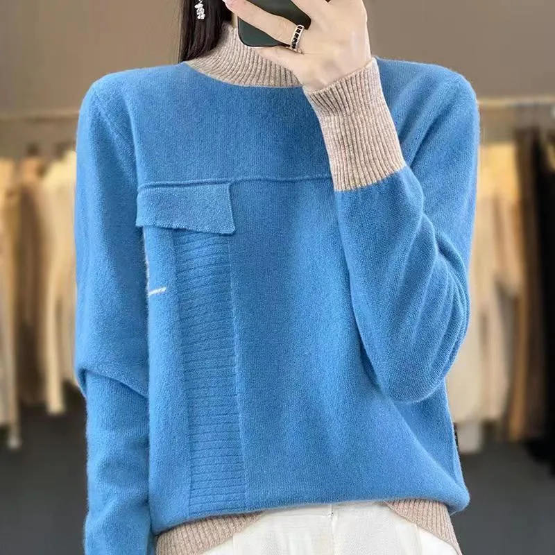 New Autumn and Winter Fashion Korean Edition Colored Half High Neck High End Loose Versatile Slim Long Sleeve Women\'s Sweater