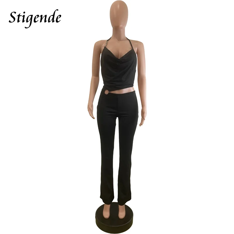 Stigende Sexy Backless Cut Out Jumpsuit Women Halter Neck Flare Leg Irregular Jumpsuit