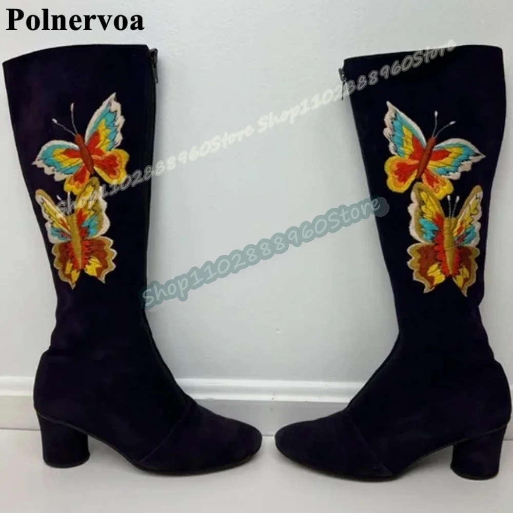 

Knee High Black Butterfly Applique Boots Thick Heel Shoes For Women Front Zipper Round Toe Trending Party Zapatos Para Mujer