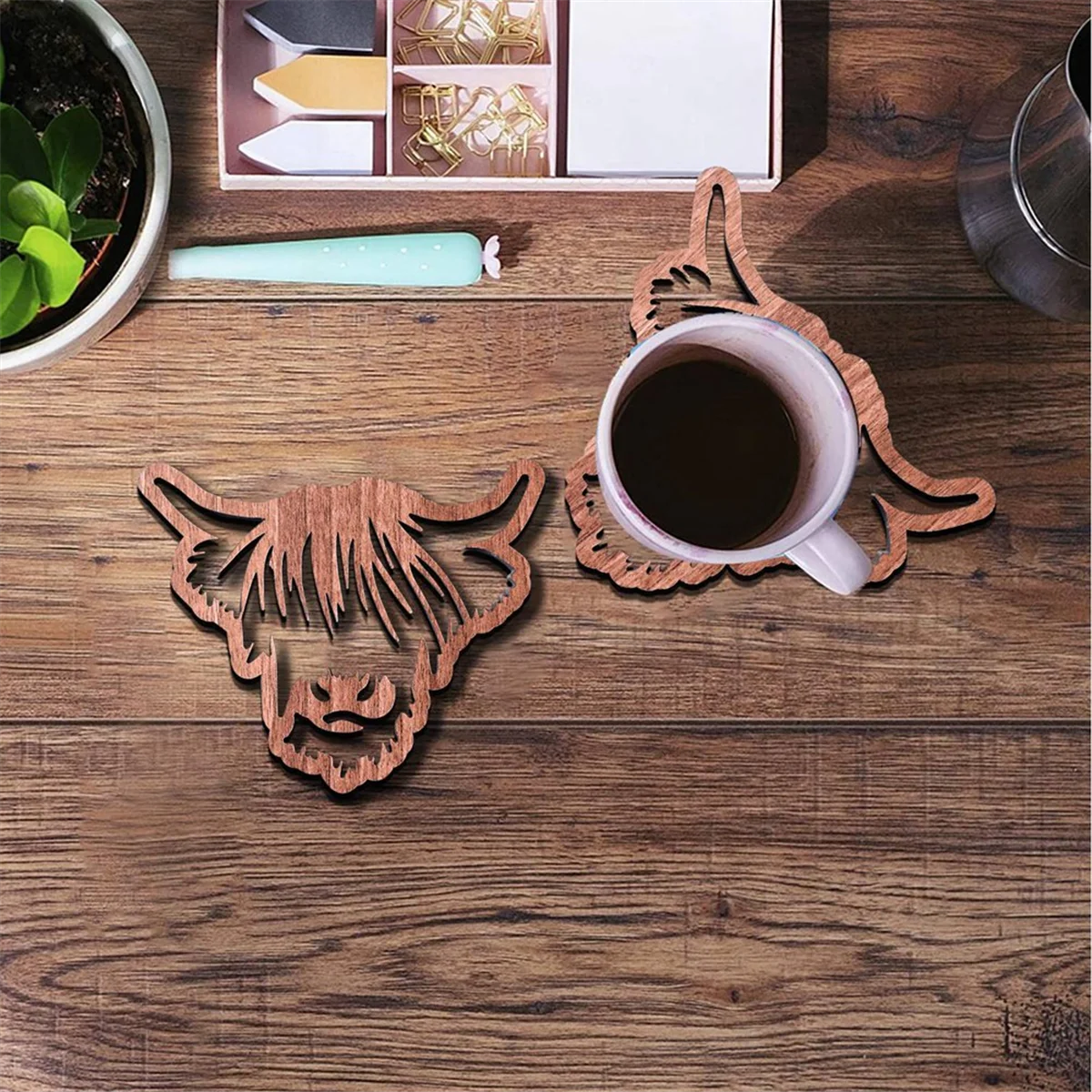 Animal Design Wooden Coasters,Wooden Highland Cow Coasters,4 PCS Scottish Highland Cow Coasters, Coasters with Base