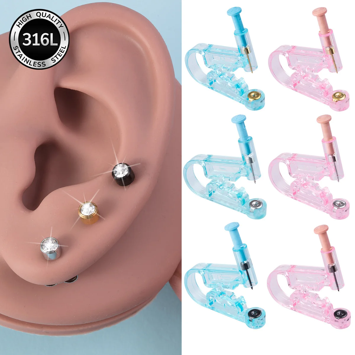 2Pcs Disposable Ear Piercing Gun Sterile Low Pain Ear Piercer Preloaded 316L Stainless Steel CZ Stud Earring Safety PIERC Tool