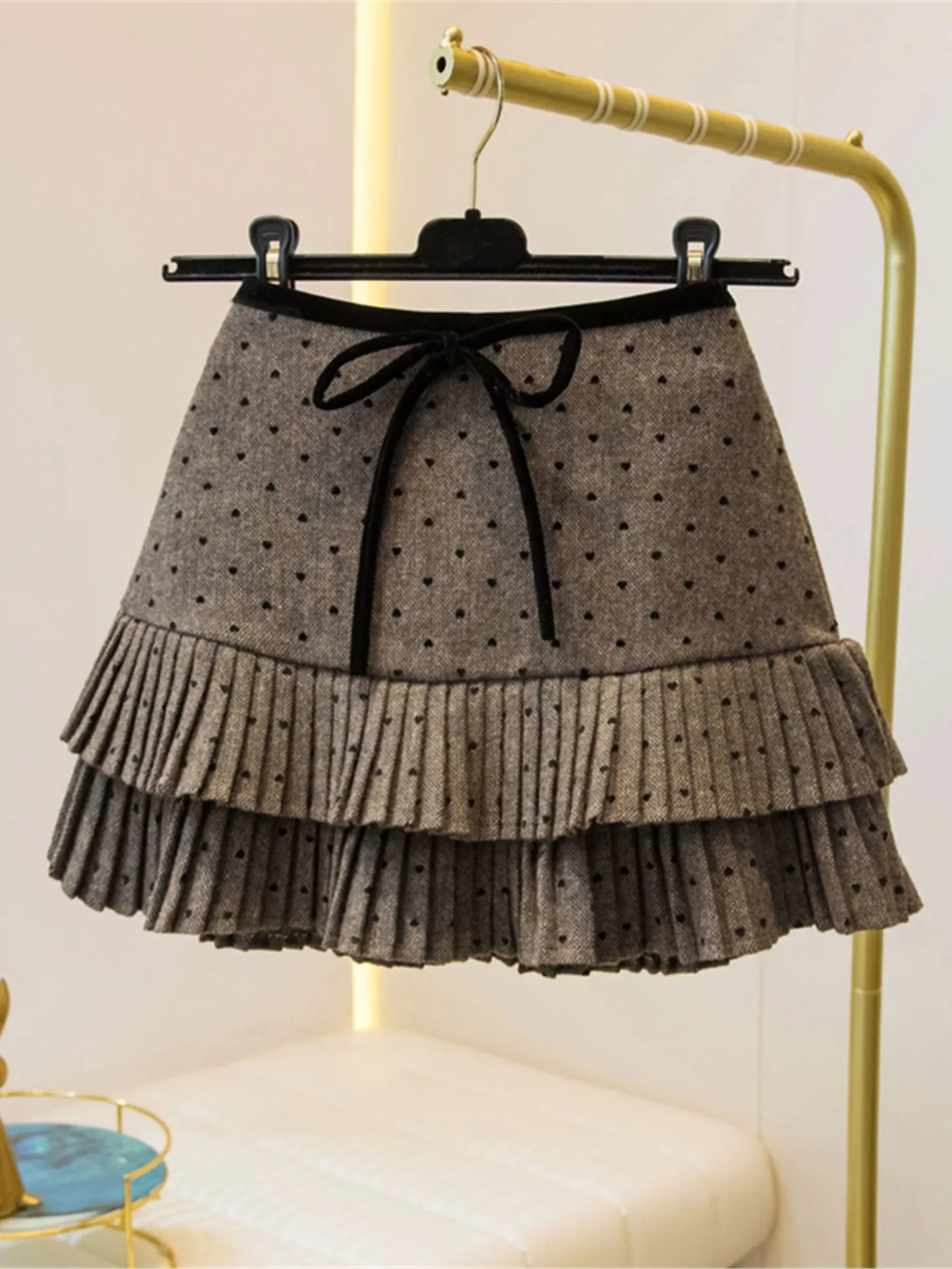 

Polka Dot Woolen Pleated Skirt Women's plus Size Winter Knot A-Line ort Skirts Casual High Waist Skirts