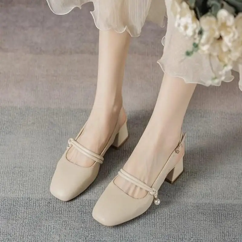 2026 Summer New Women Sandals, French Style Pearl Strap Closed Toe Block Mid Heel Fairy Style Daily Casual Shoes view 4