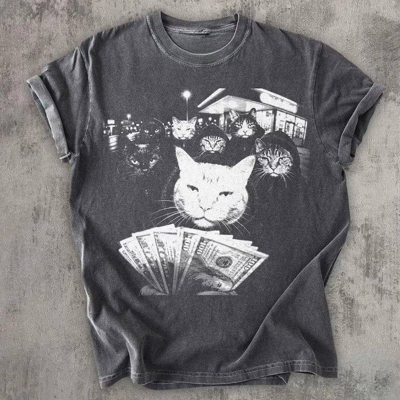 Funny Gang of Cats Money Spread Graphic Vintage Loose Oversized Unisex Print T-shirts for Men Women Fashion Hip Hop Cotton soft