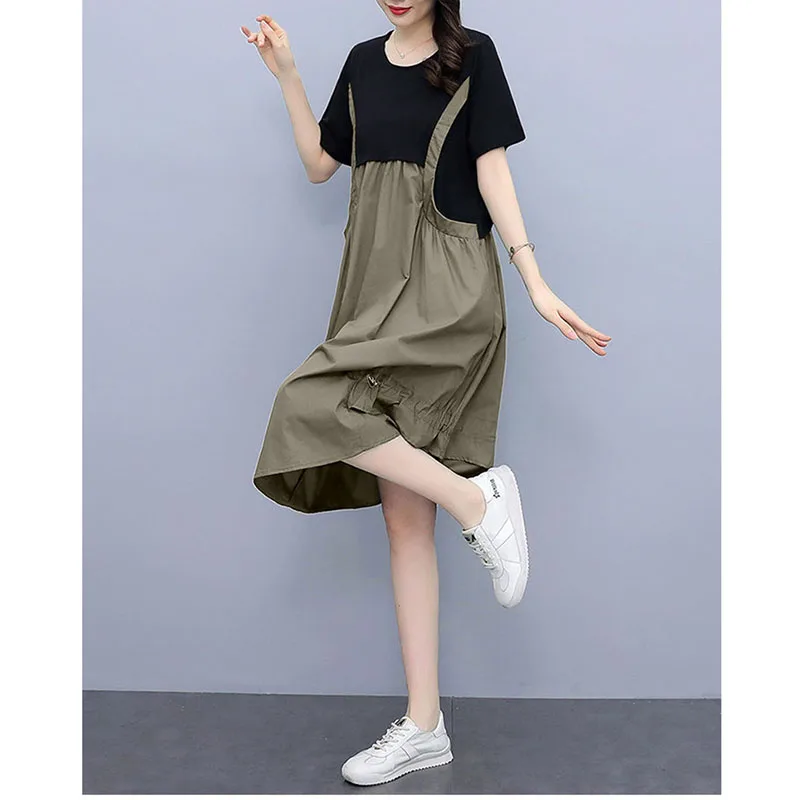 Fashion Fake Two-Piece Dress Woman Medium Long Summer Plus Size Women's Dress A-Line Skirt With Meat Cover And Age Reduction