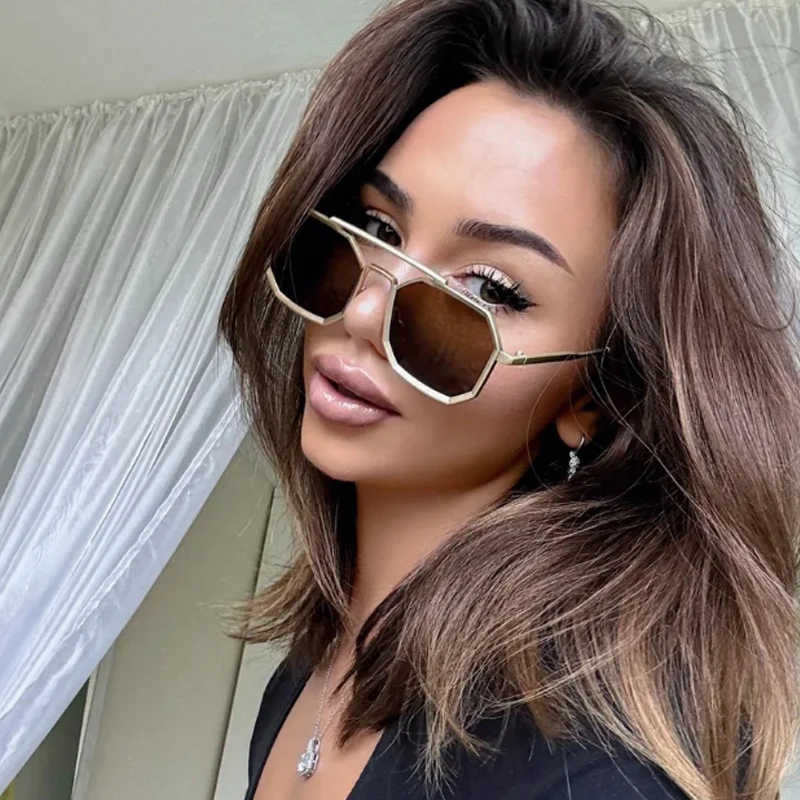1/2 stücke Neue Doppel Strahl Metall Großen Rahmen Polygon Sonnenbrille Mode Frauen Männer Sonnenbrille Schwarz Braun Spiegel Brillen UV400