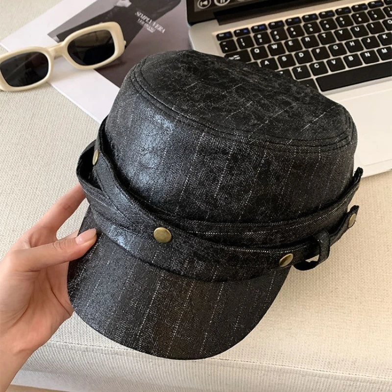 Koreanischer Retro-Stil Gestreifter Schwarzer Flacher Reiterhut für Damen, Neuer Herbst-Temperament-Vielseitiger Baskenmützen-Stil mit Weicher Krempe, Newsboy-Kappe – Detail 3