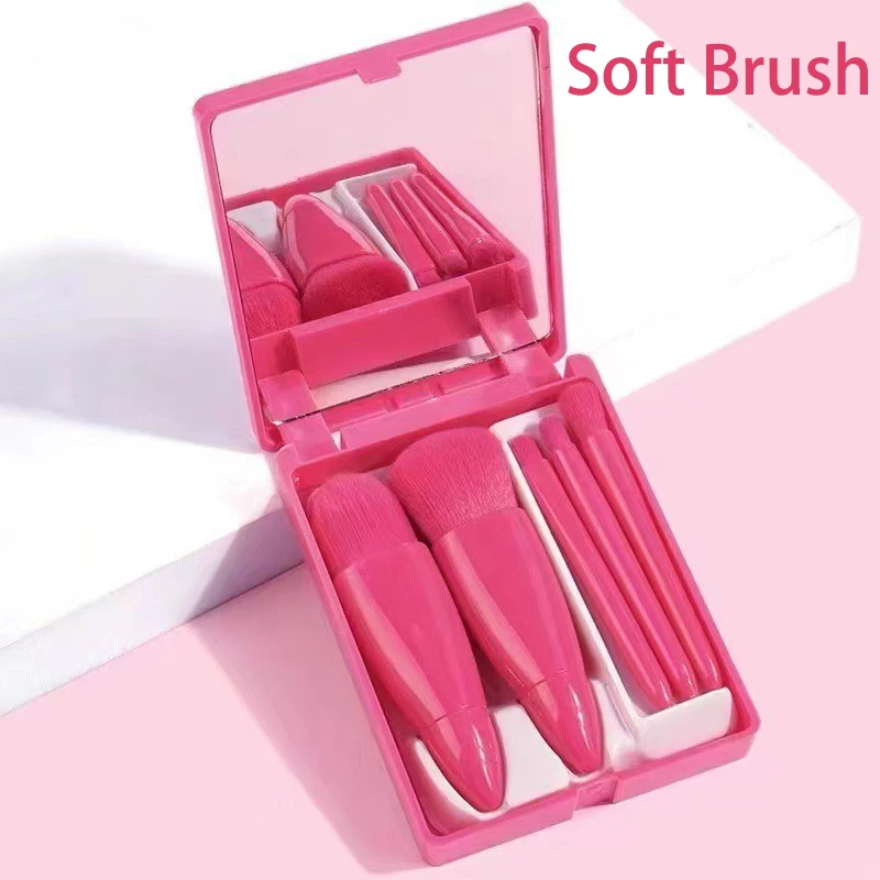 5pcs Portable Makeup Brushes Set Mini Makeup Brushes Small Complete Function Cosmetic Brushes Kit With Case Mirror Multi-color