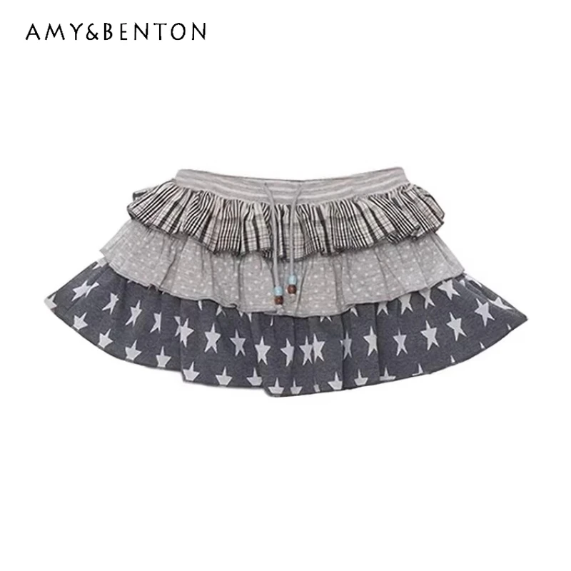 

Vintage Design Cute Y2k Gray Polka Dot Striped Women's Skirt 2025 Autumn New Star Splicing Beaded Sweet Cool Cake Skirts Ladies