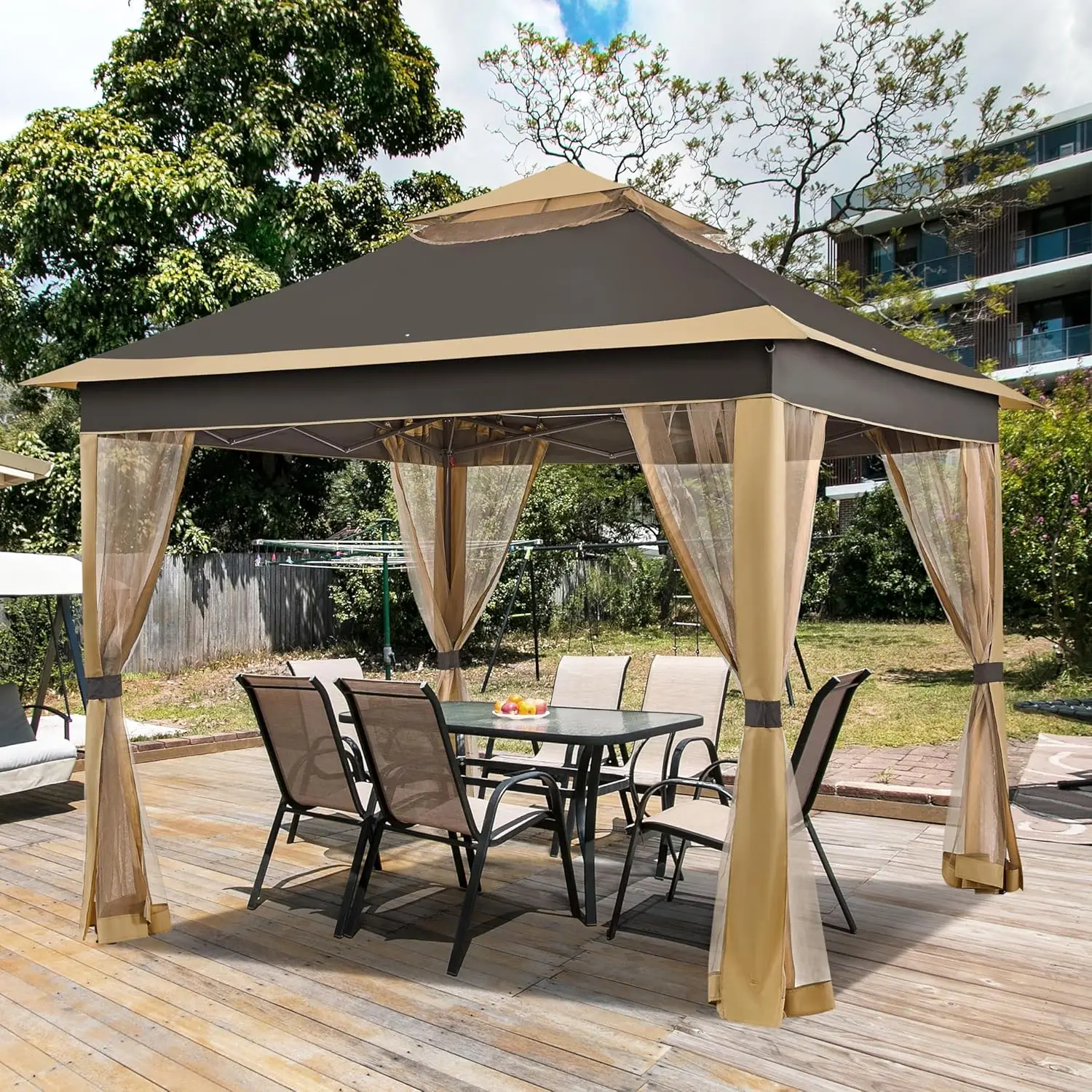 Outdoor Lawn, Garden, Backyard & Deck Gazebo, Brown Color, 4 Sandbags, 2 Tiers Roof, Mesh Netting