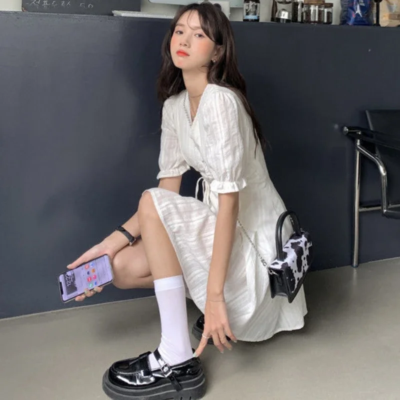 Dresses Women Pure Puff Sleeve Japanese Style Schoolgirls Sundress V-Neck Streetwear Casual Stylish Mini A-Line All-match Summer