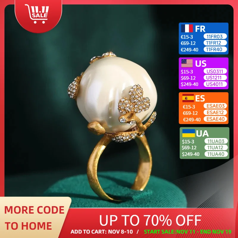 

Vintage Bridal Baroque Freshwater Pearl Rings For Woman Adjustable Rhinestones Gold Color Brass Open Jewelry Accessories Wedding