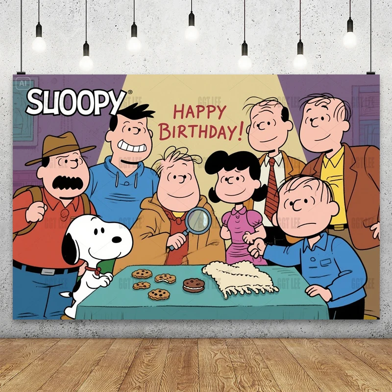 

MINISO Snoopy Detective Backdrop Background Photography Vinyl with Lucy Suspect Linus Blanket Clue Happy Birthday Custom
