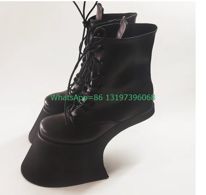 Lady cut-out black sexy heeless heels boots lace-up hollow design PU dance dress boots platform super heel calf boots footwear