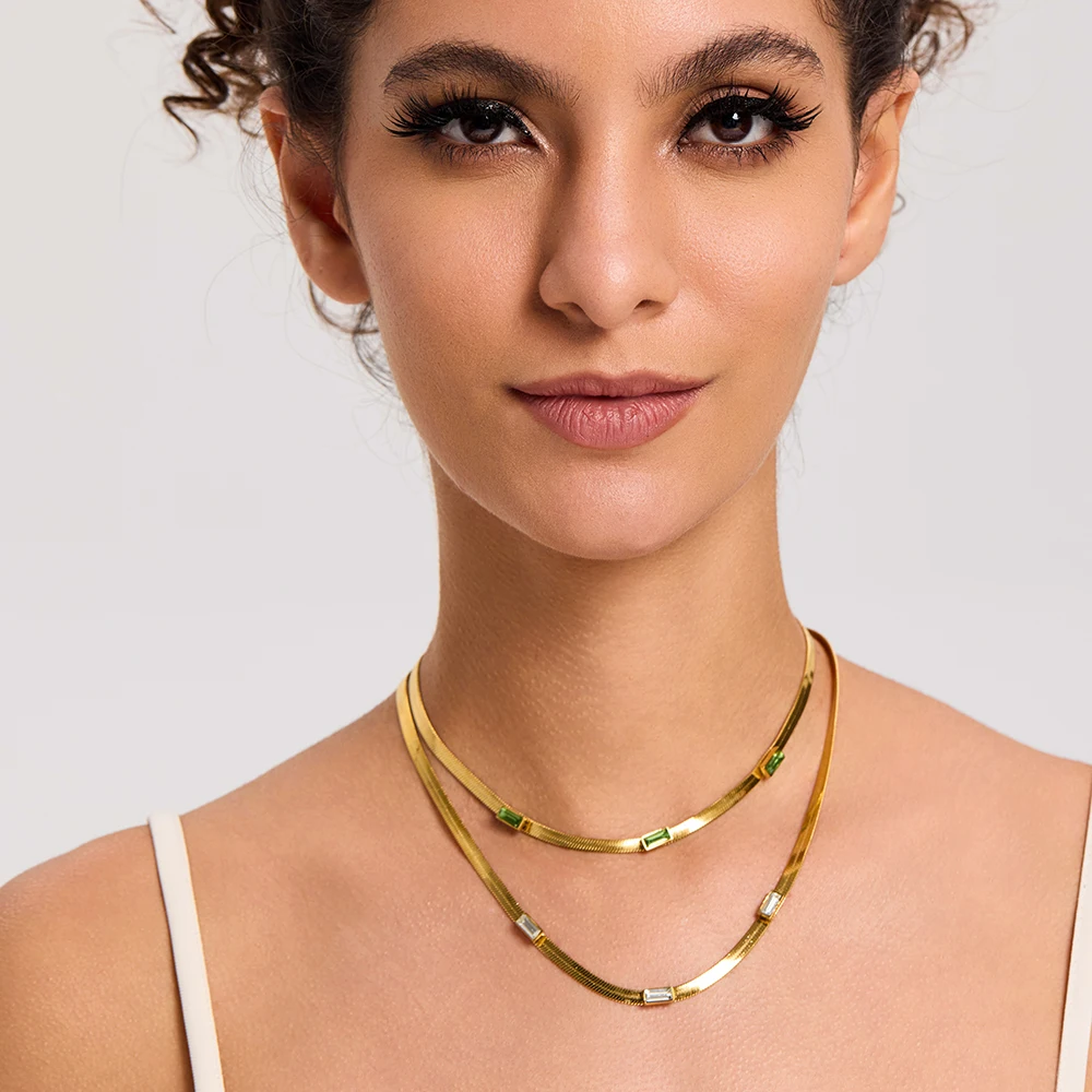 

Minimalist Square Cubic Zirconia Flat Snake Chain 18K Gold Plated Stainless Steel Waterproof Necklace Jewelry Gift for Women