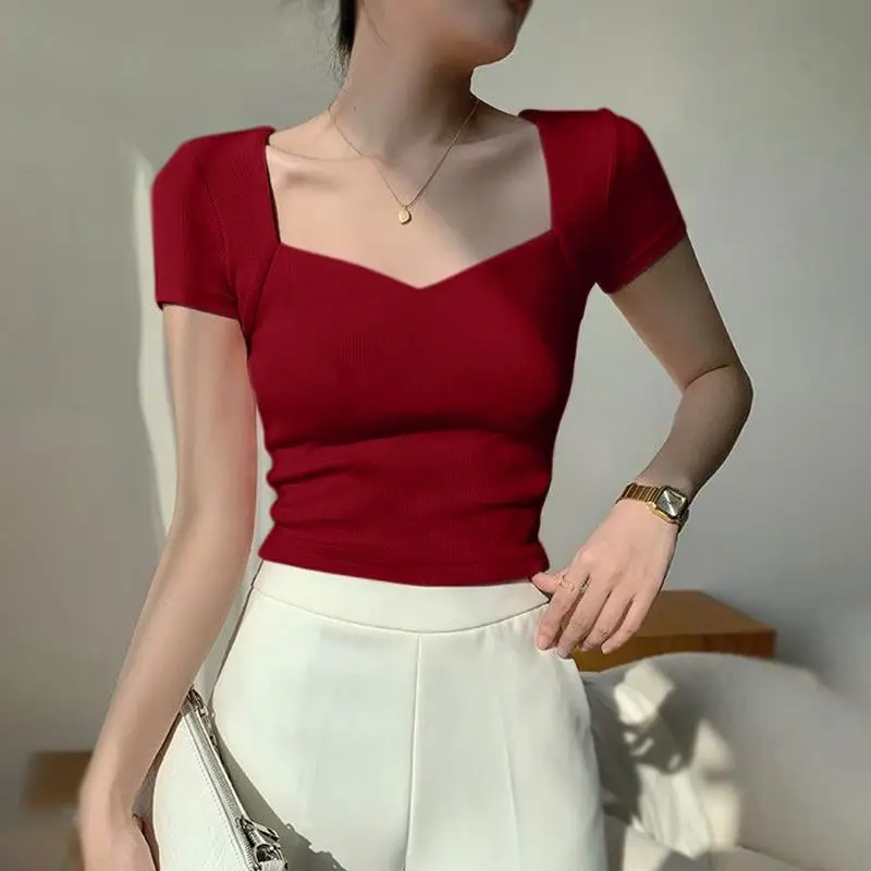 Stylish Square Collar Short Sleeve T-Shirt Women's Beautiful Absolutely Sensual Summer New Arrival Korean Style High Waist Sl...