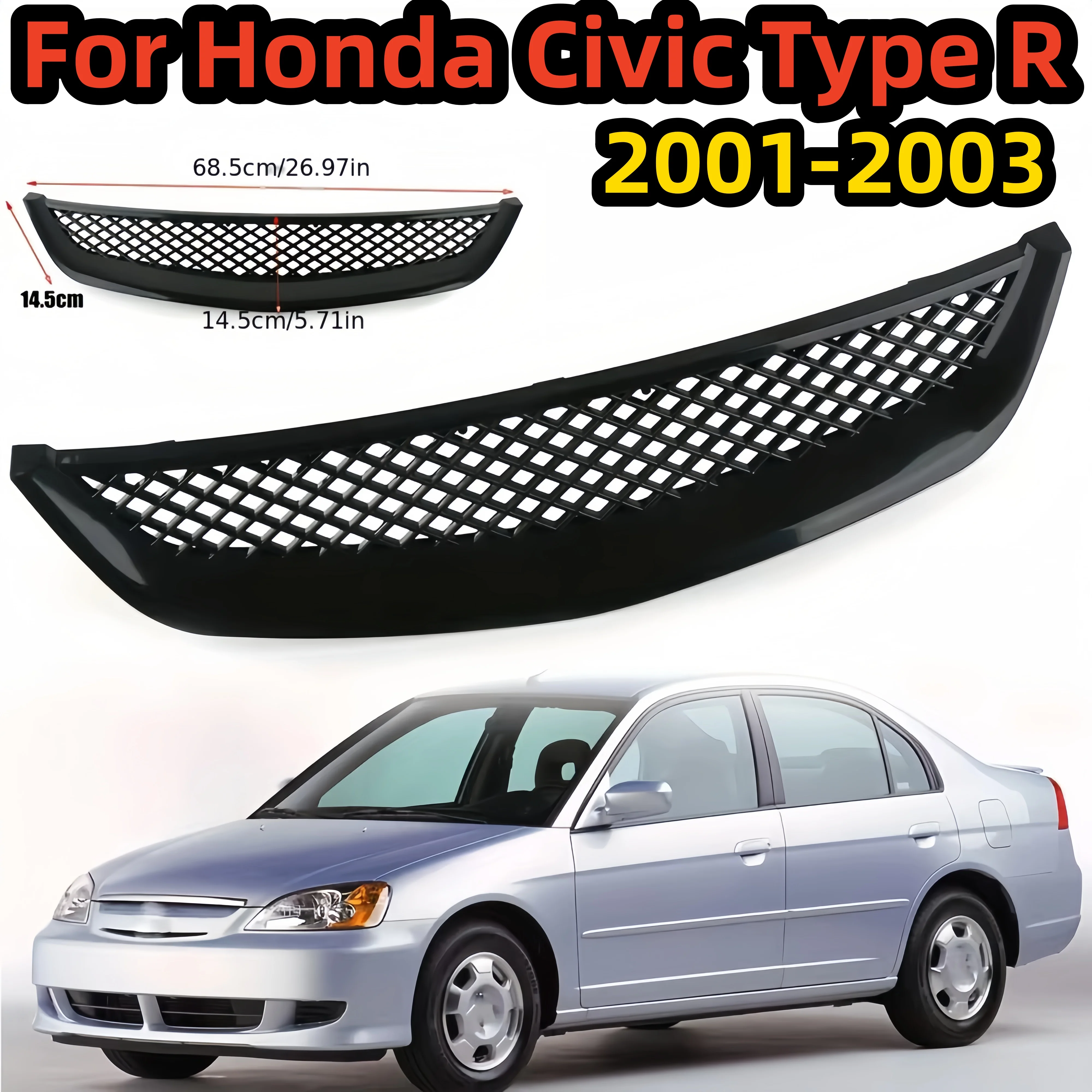 

For Honda Civic EP3 Type R 2001 2002-2003 Front Bumper Grille Mesh Insert Gloss Black ABS OEM Style Rally Sport Replacement