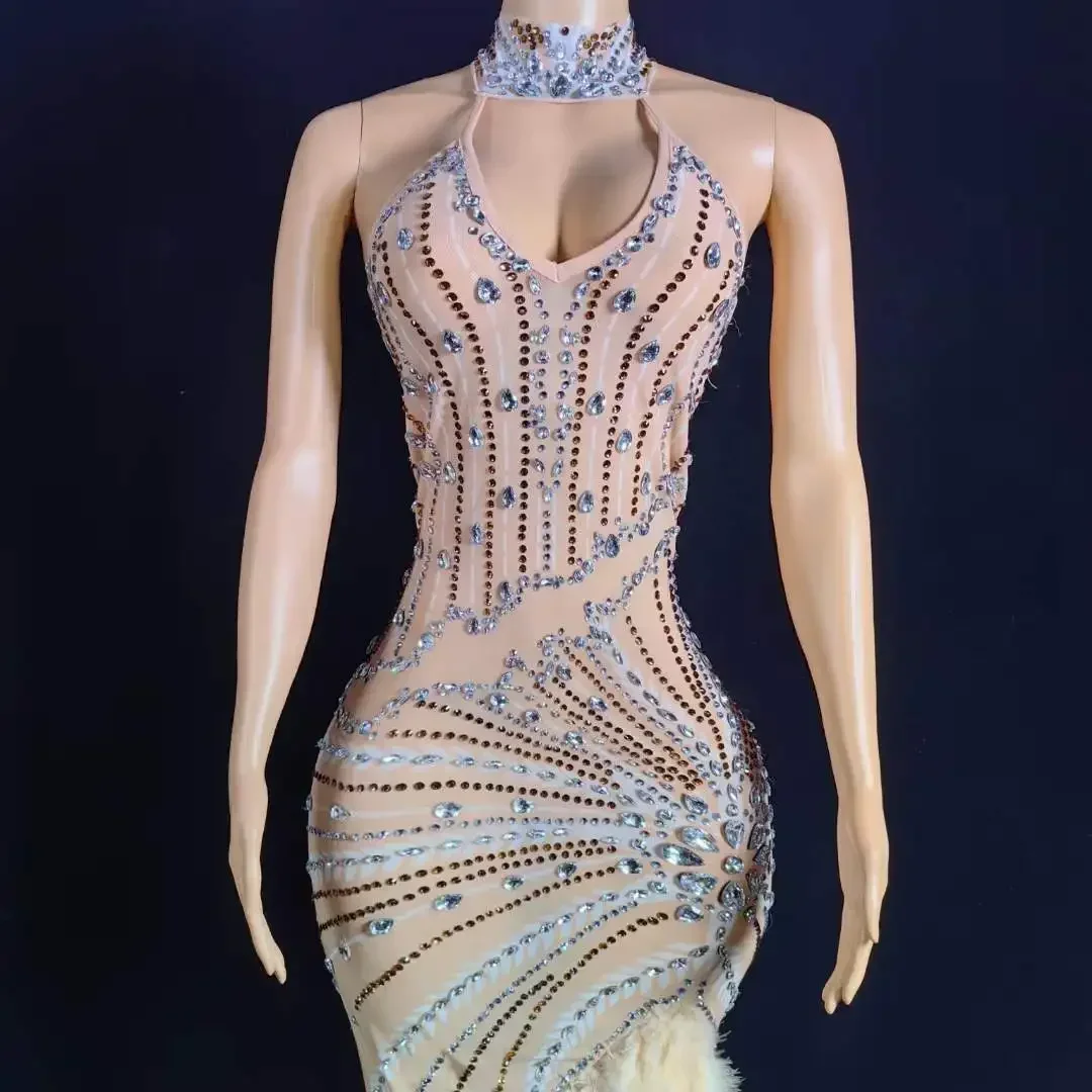 Vestido Sexy sin espalda con plumas y diamantes de imitación para mujer, vestido de Reina de cumpleaños, fiesta nocturna, graduación, cristales, vestido 2025