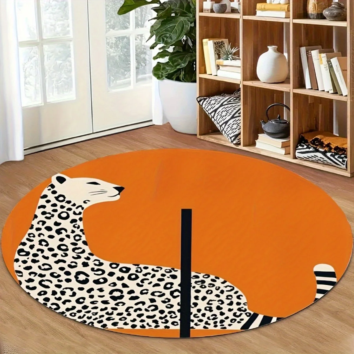 Leopard Print Round Rug Flannel Orange Background Floor Mat for Bedroom Living Room Decor Wild Animal Pattern Modern Style