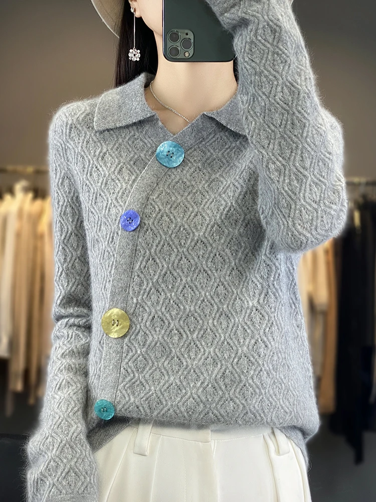 New Chic Spring Autumn Women Sweater 100% Merino Wool POLO-neck Cardigan Hook flower design Candy button Knitwear Korean Fashion