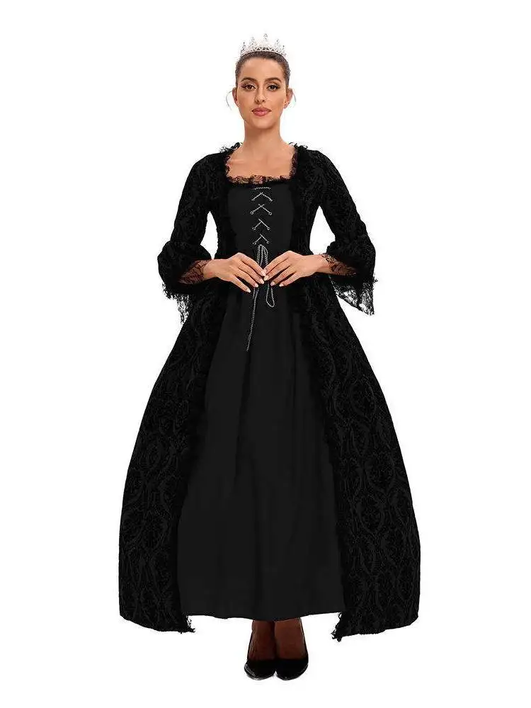 

loween Retro Lace Patchwork Dr Vintage Sle Costume Casual Women's Clothing Stage Performance Ethnicwear