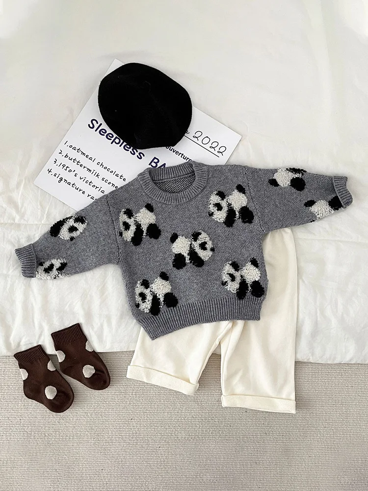 Spring And Autumn Baby Clothes Korean Version Of Children\'s Panda Embroidered Crewneck Sweater Casual Clothes For Boys And Girls