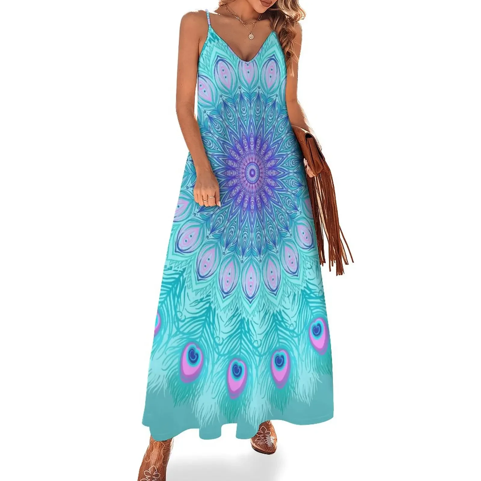 

Peacock feathers mandala Sleeveless Dress Women's summer dresses Long dress woman prom dress
