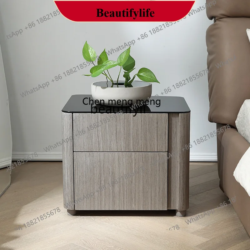 

D178 Italian Minimalist Solid Wood Bedside Table with Tempered Glass Top, Square Postmodern Creative Bedroom Nightstand