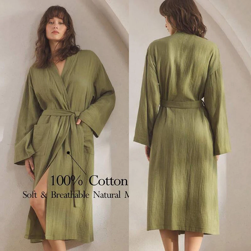 100% Cotton Gauze Long Robe Female Bathrobe Kimono Gown Spring Autumn New Sleepwear Home Clothes Loose Loungewear Night Dress